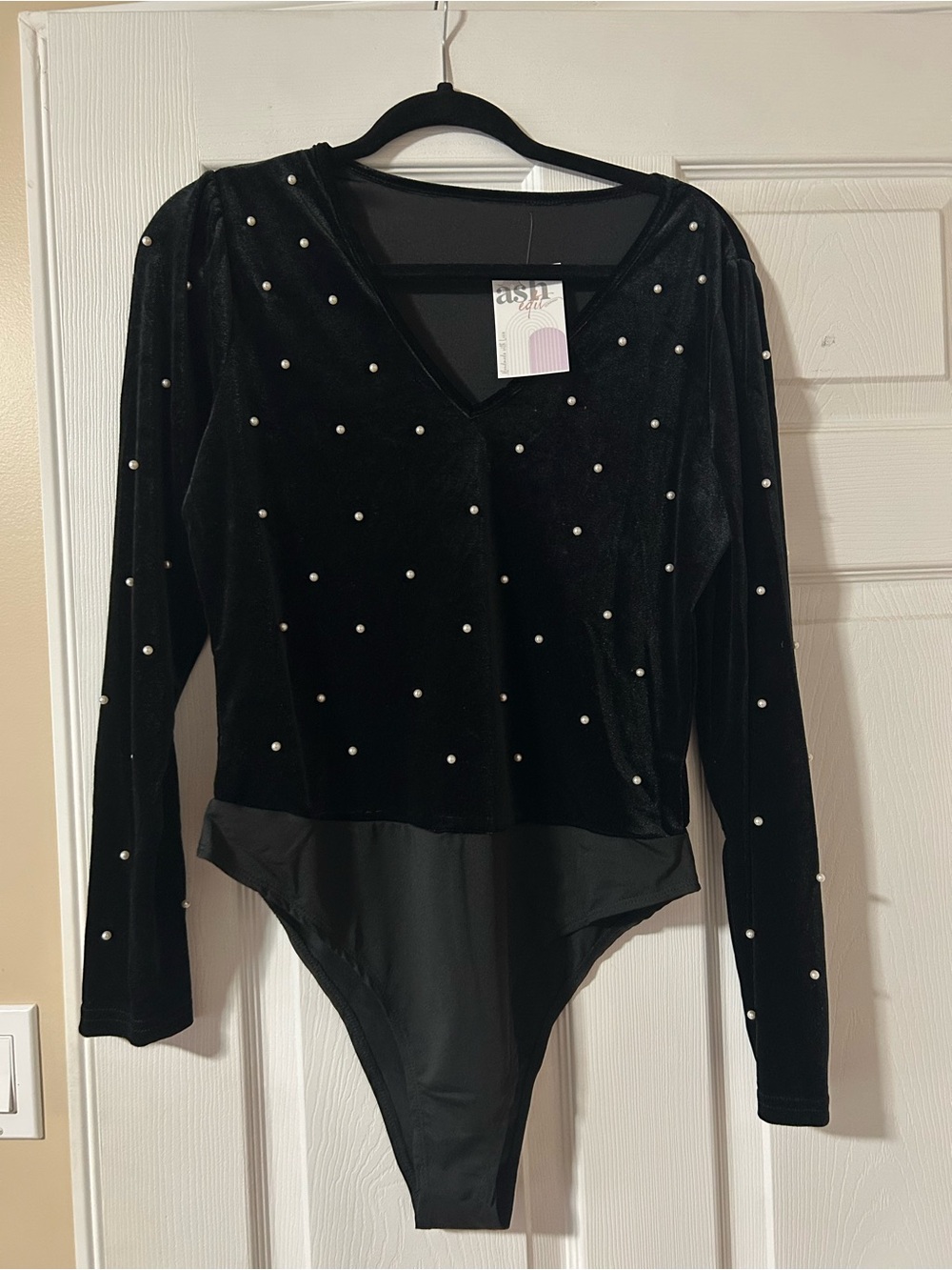 Velvet Pearl-Embellished Black Bodysuit